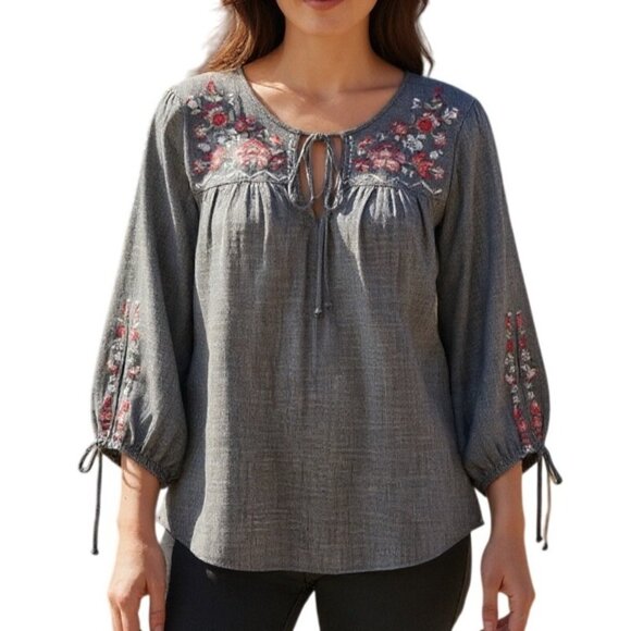 Knox Rose Gray Embroidered Peasant Top Tie neck 3/4 Sleeve Size Large Fall - Picture 1 of 10